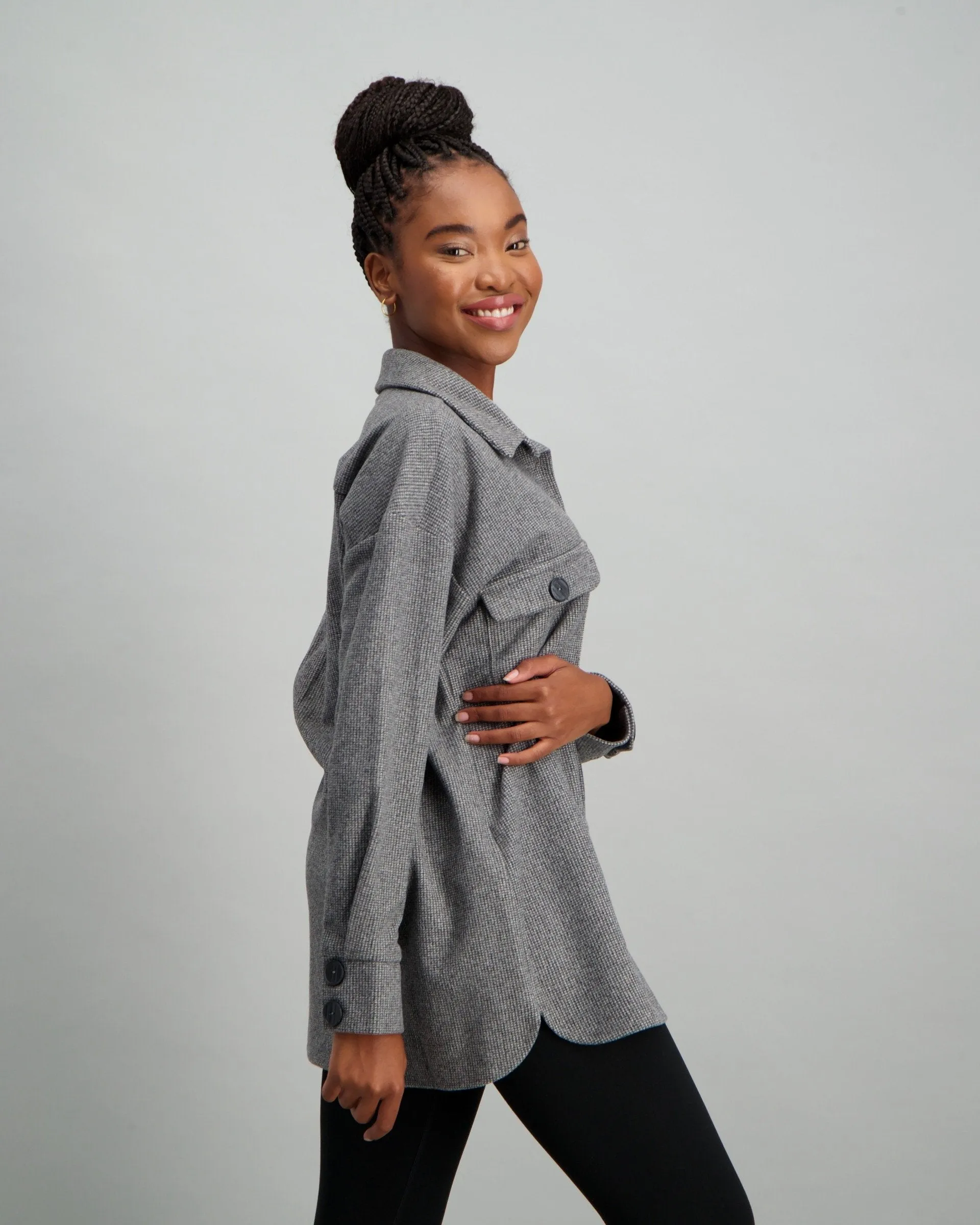 Ladies Plaid Shacket - Charcoal