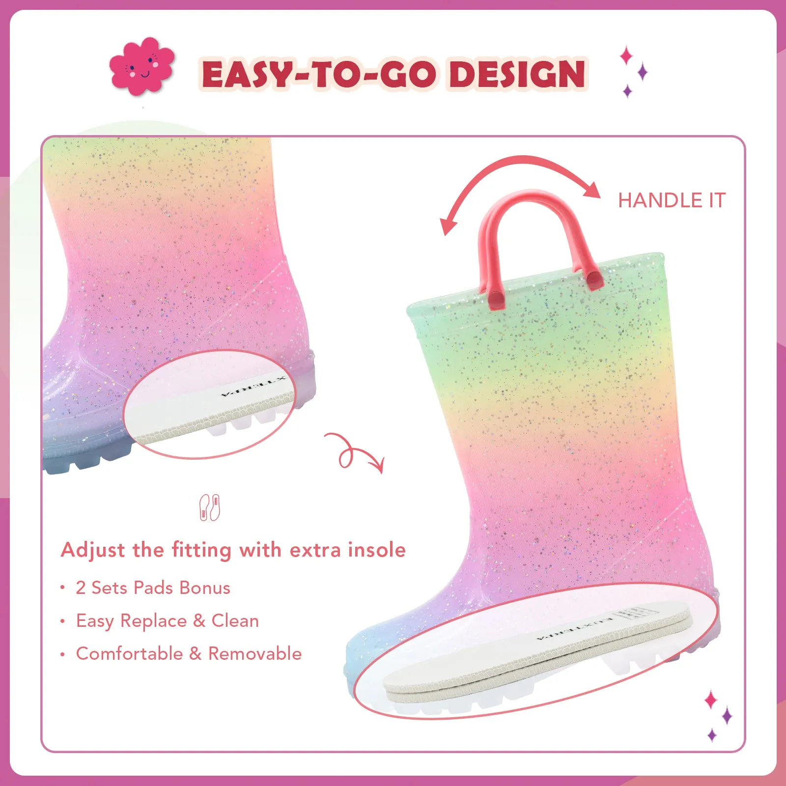 Light Up Girls Fashion Rain Boots with Handles