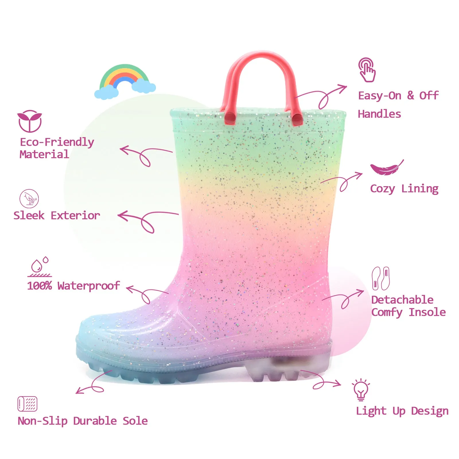 Light Up Girls Fashion Rain Boots with Handles