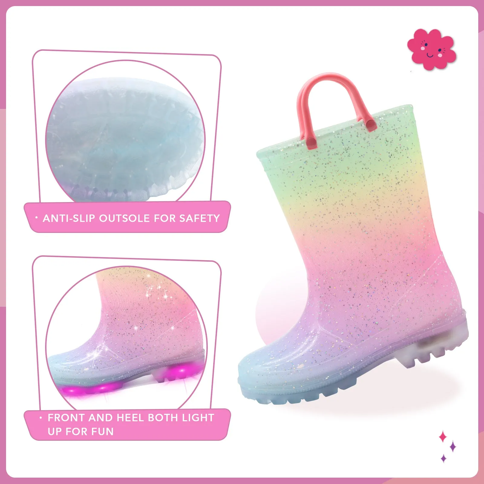 Light Up Girls Fashion Rain Boots with Handles