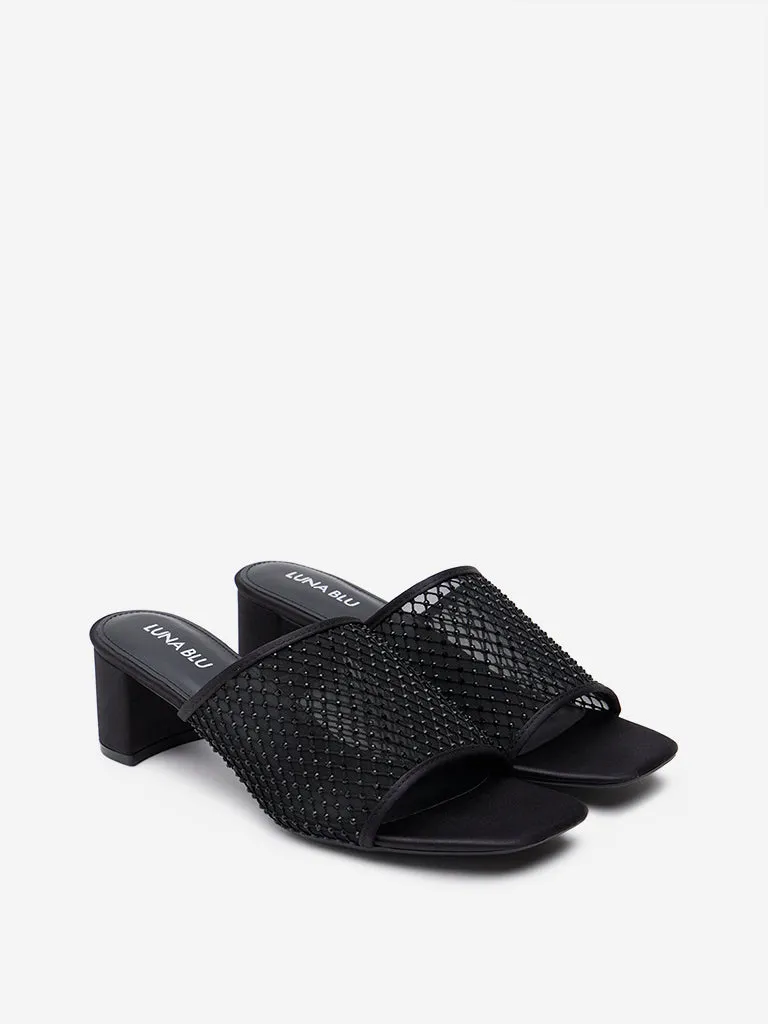 LUNA BLU Black Mesh Detailed Block Heel Sandals