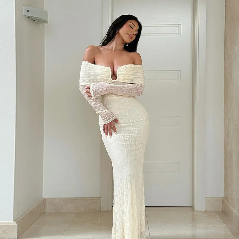 Luxurious Off-Shoulder Long Sleeve Fitted Maxi Dress