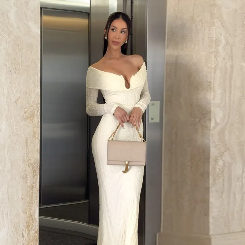 Luxurious Off-Shoulder Long Sleeve Fitted Maxi Dress