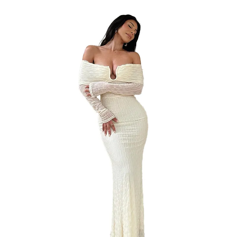 Luxurious Off-Shoulder Long Sleeve Fitted Maxi Dress
