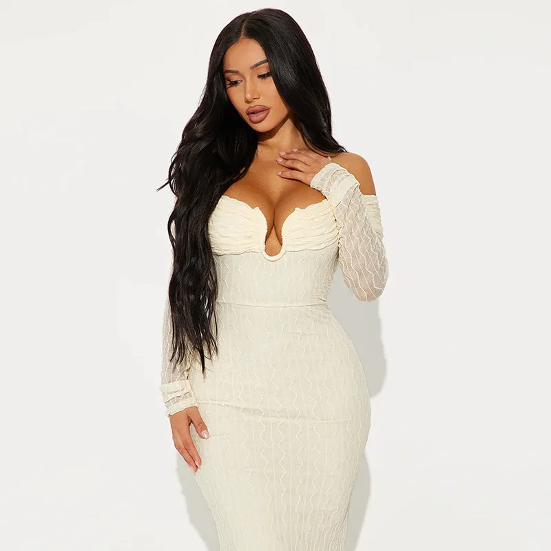 Luxurious Off-Shoulder Long Sleeve Fitted Maxi Dress