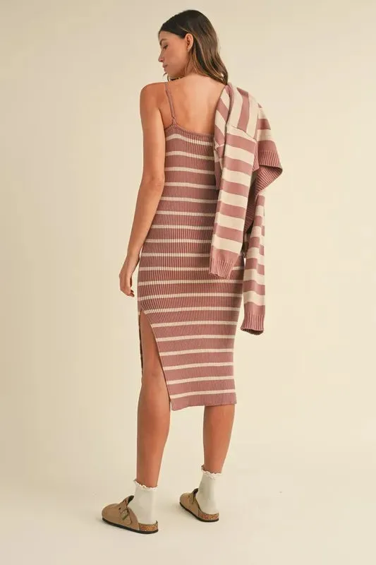 MABLE Stripe Crop Cardigan and Bodycon Dress Sweater Set