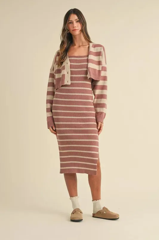 MABLE Stripe Crop Cardigan and Bodycon Dress Sweater Set