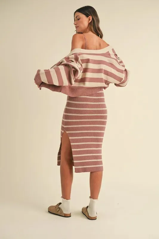 MABLE Stripe Crop Cardigan and Bodycon Dress Sweater Set