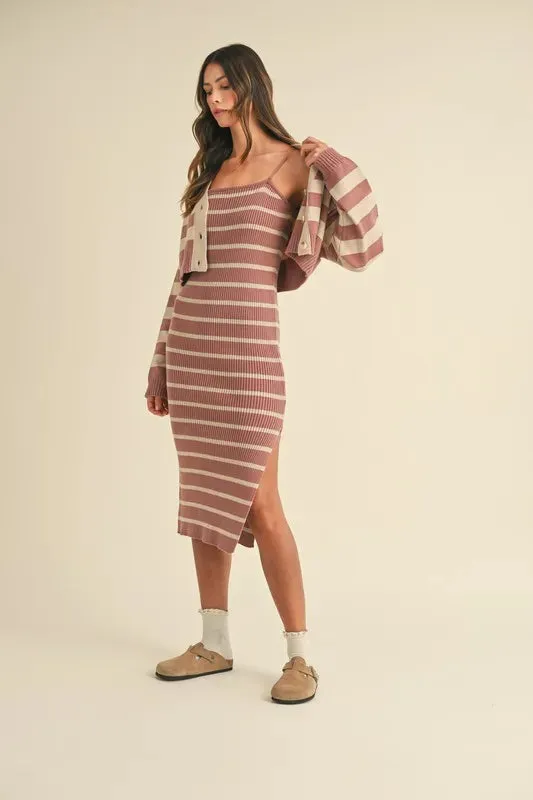 MABLE Stripe Crop Cardigan and Bodycon Dress Sweater Set