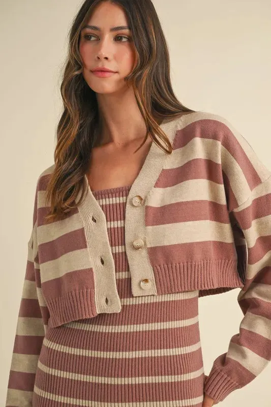 MABLE Stripe Crop Cardigan and Bodycon Dress Sweater Set