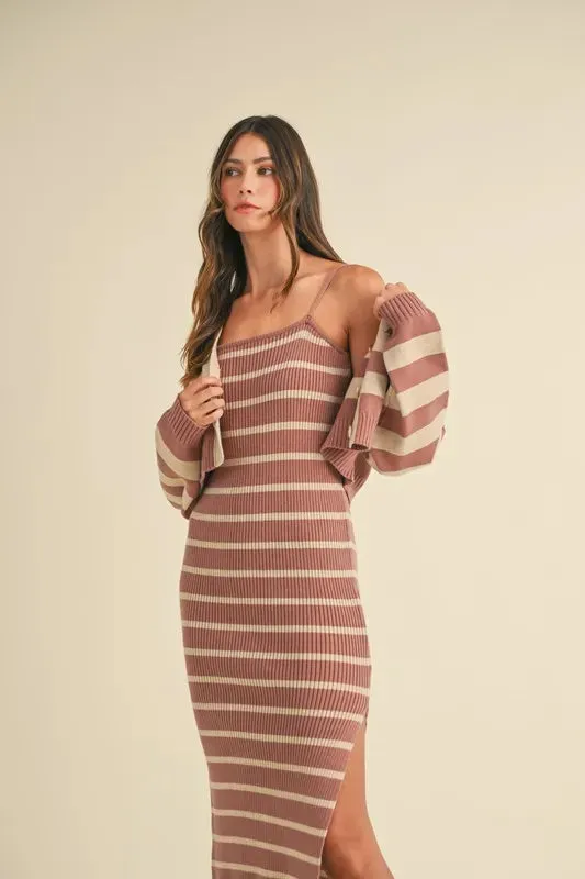 MABLE Stripe Crop Cardigan and Bodycon Dress Sweater Set