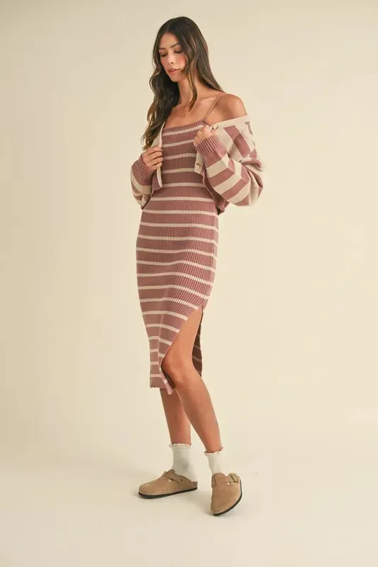 MABLE Stripe Crop Cardigan and Bodycon Dress Sweater Set