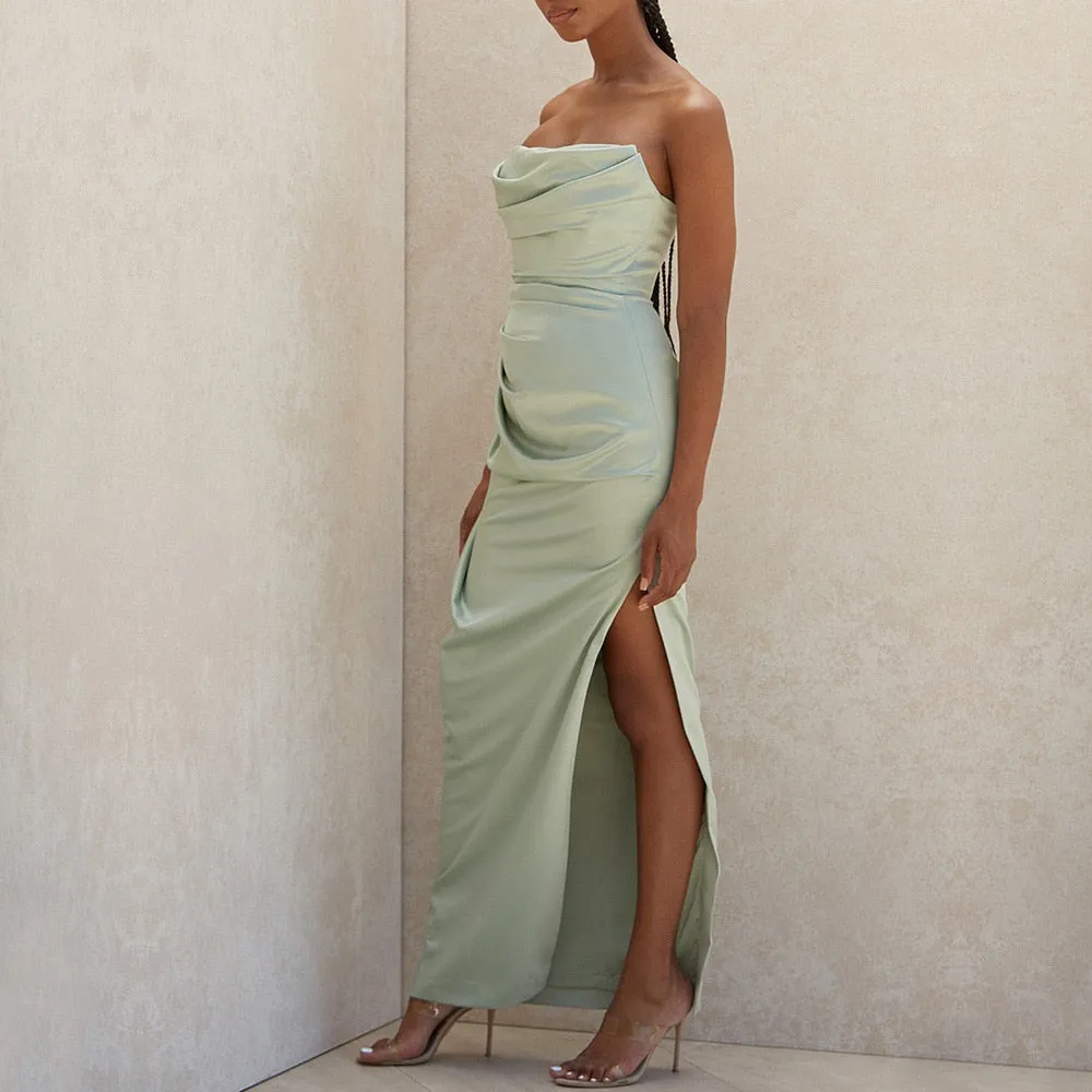Michelle - Green Strapless Satin Maxi Dress