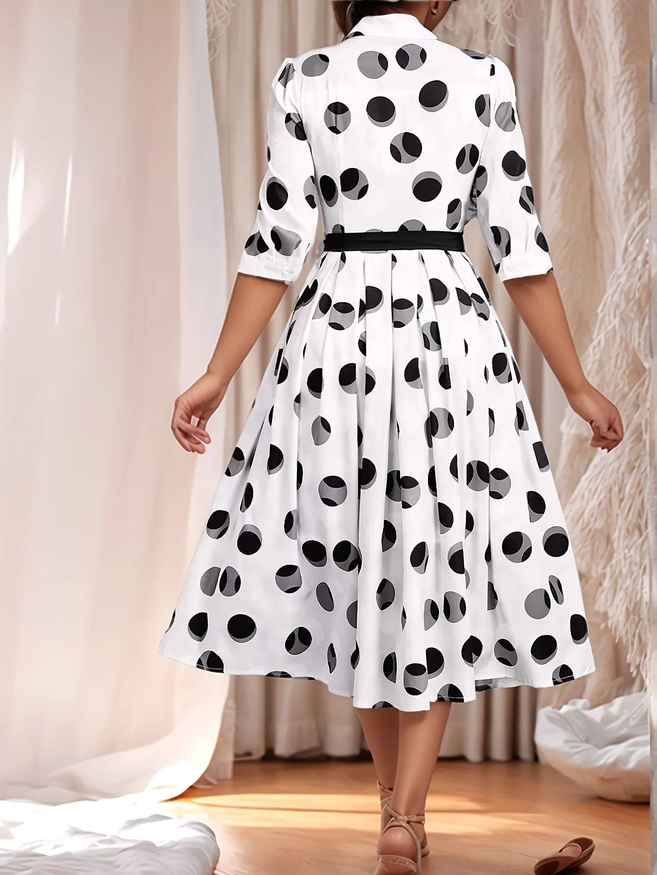 Mid-Sleeve Collared Shirt Dress Elegant Polka Dot Midi Dress