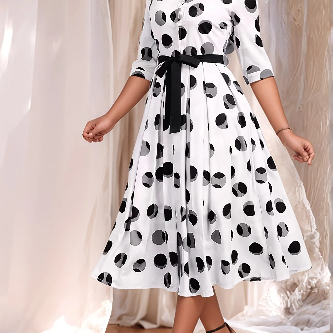 Mid-Sleeve Collared Shirt Dress Elegant Polka Dot Midi Dress