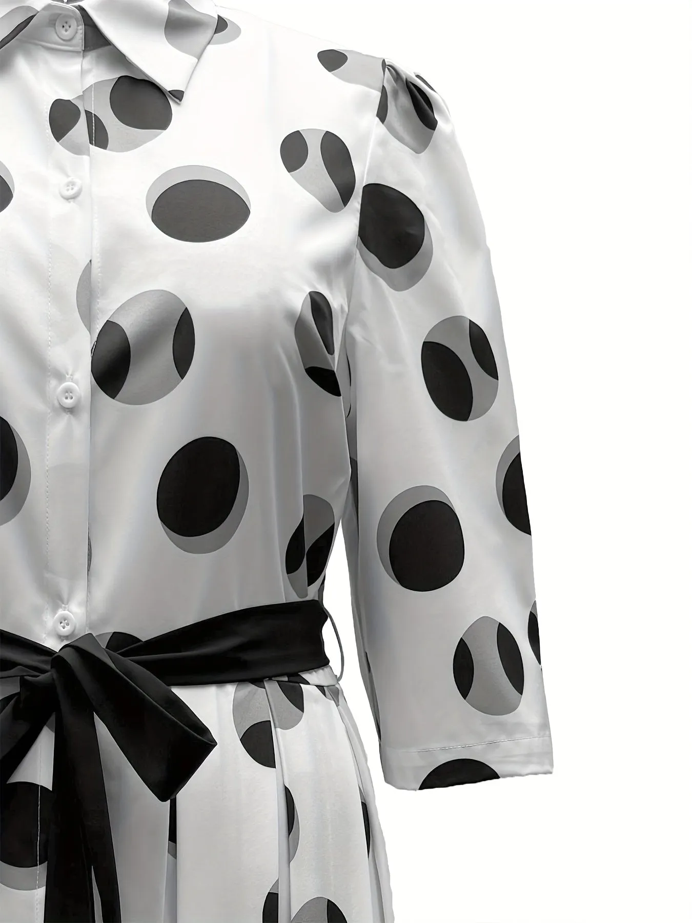 Mid-Sleeve Collared Shirt Dress Elegant Polka Dot Midi Dress