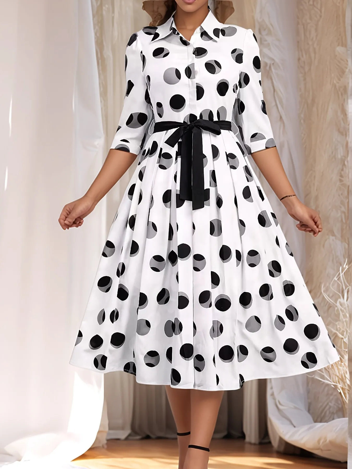 Mid-Sleeve Collared Shirt Dress Elegant Polka Dot Midi Dress