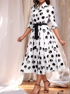 Mid-Sleeve Collared Shirt Dress Elegant Polka Dot Midi Dress