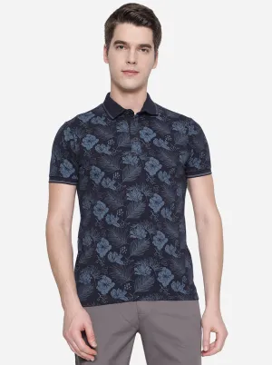 Navy Blue Printed Slim Fit Polo T-Shirt | JadeBlue