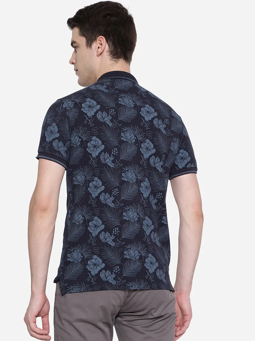 Navy Blue Printed Slim Fit Polo T-Shirt | JadeBlue