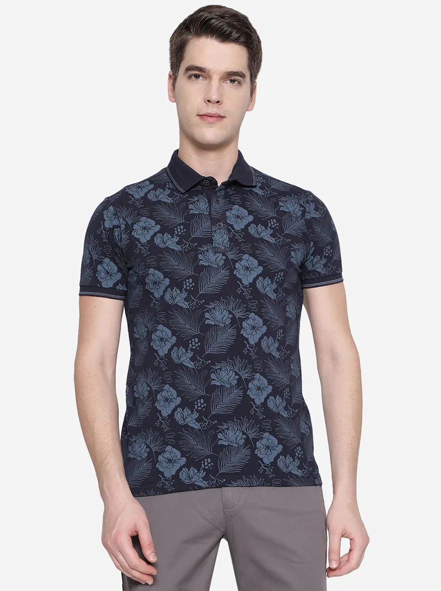 Navy Blue Printed Slim Fit Polo T-Shirt | JadeBlue