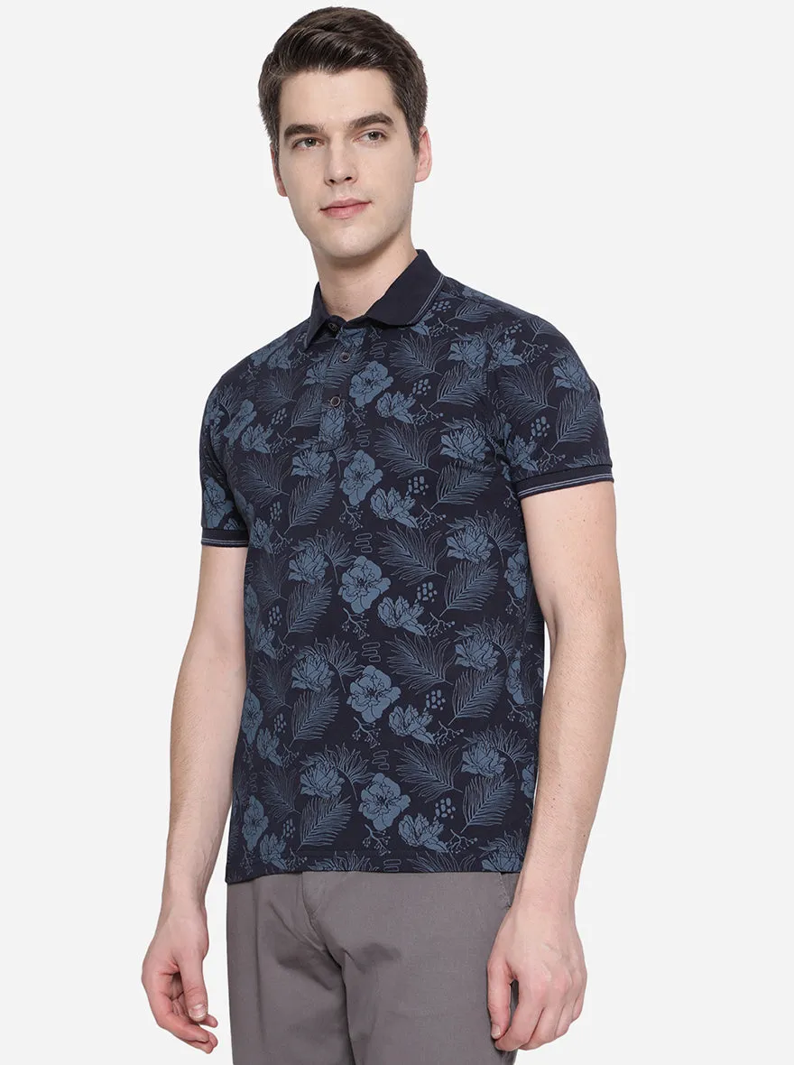 Navy Blue Printed Slim Fit Polo T-Shirt | JadeBlue