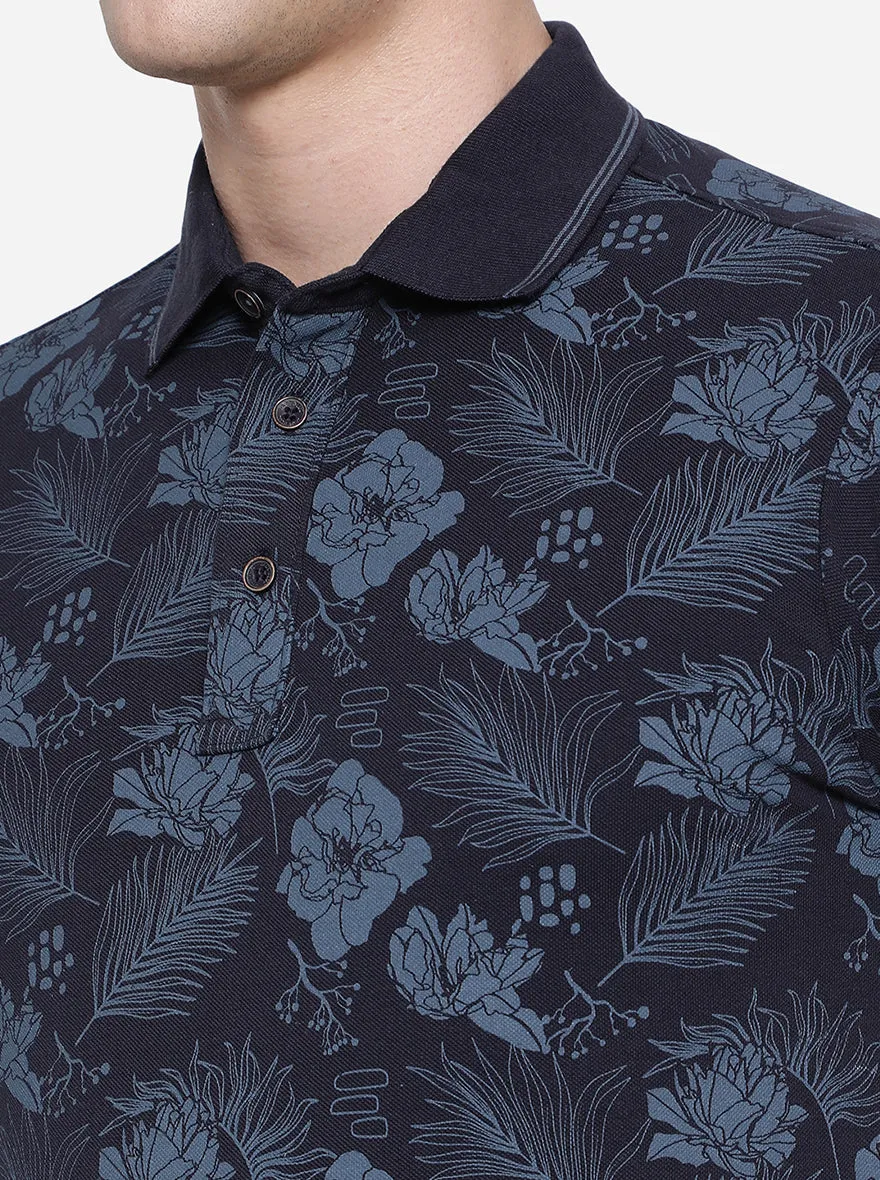Navy Blue Printed Slim Fit Polo T-Shirt | JadeBlue