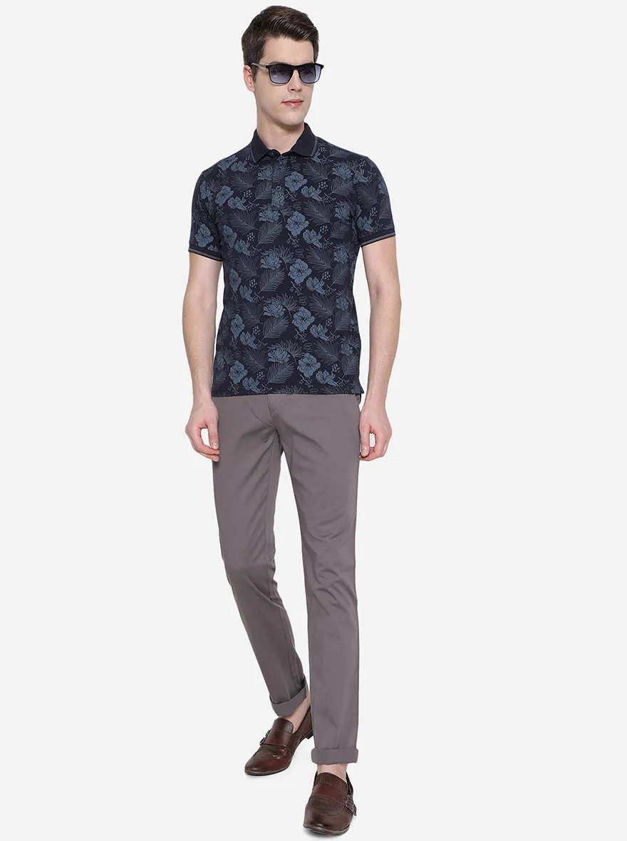 Navy Blue Printed Slim Fit Polo T-Shirt | JadeBlue