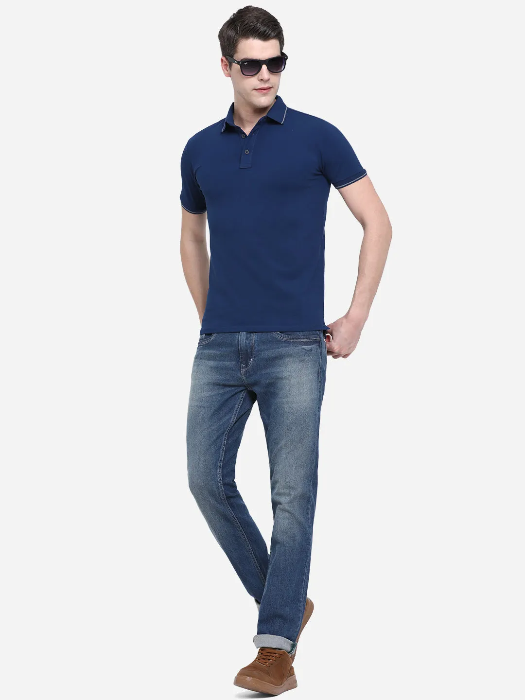 Navy Blue Solid Slim Fit Polo T-Shirt | JadeBlue