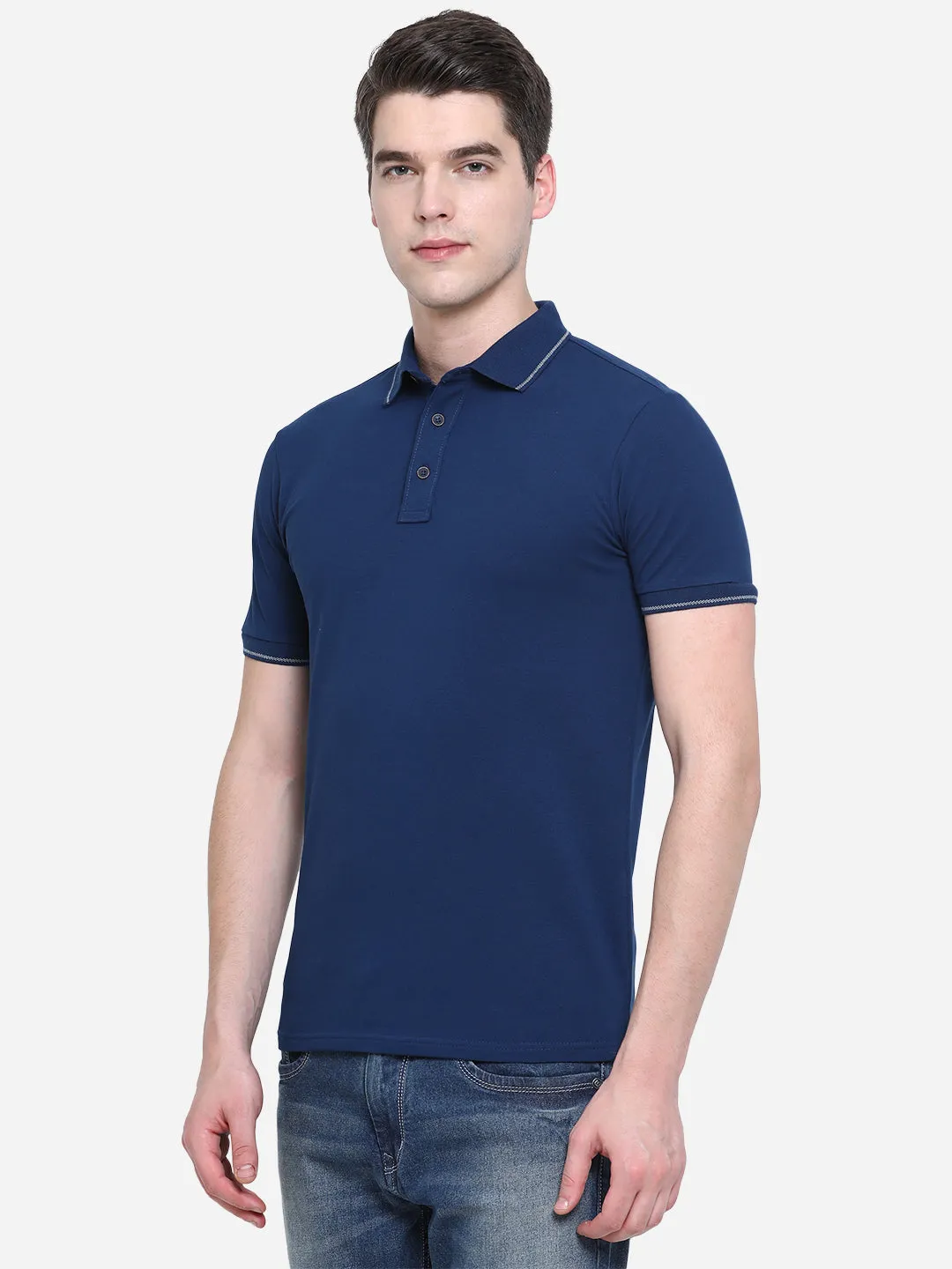 Navy Blue Solid Slim Fit Polo T-Shirt | JadeBlue