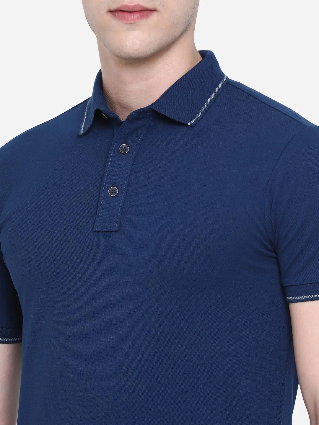 Navy Blue Solid Slim Fit Polo T-Shirt | JadeBlue