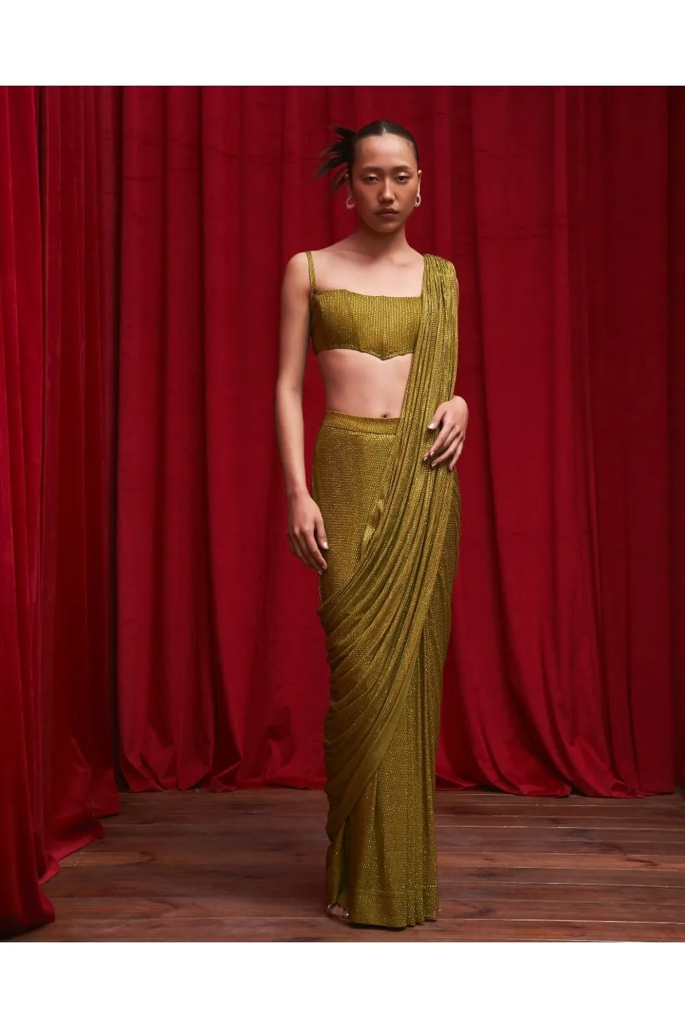 Olive Net Crystal Embellished Ombre Pre-Stitched Saree Set