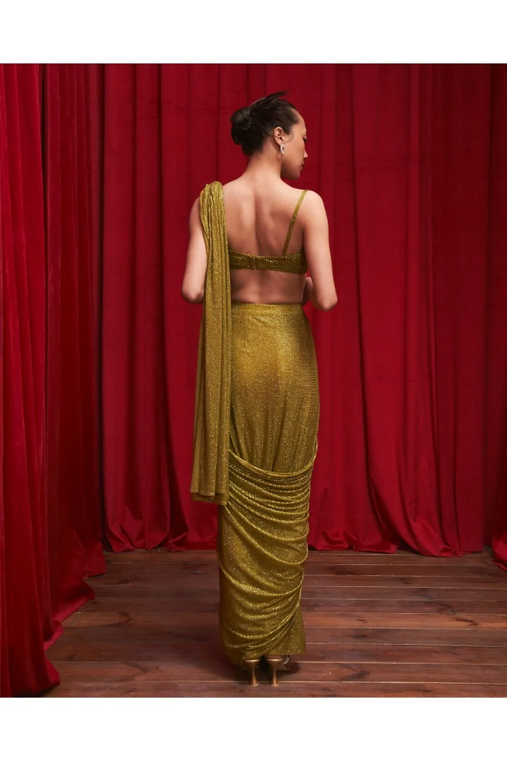 Olive Net Crystal Embellished Ombre Pre-Stitched Saree Set