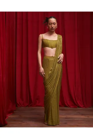 Olive Net Crystal Embellished Ombre Pre-Stitched Saree Set