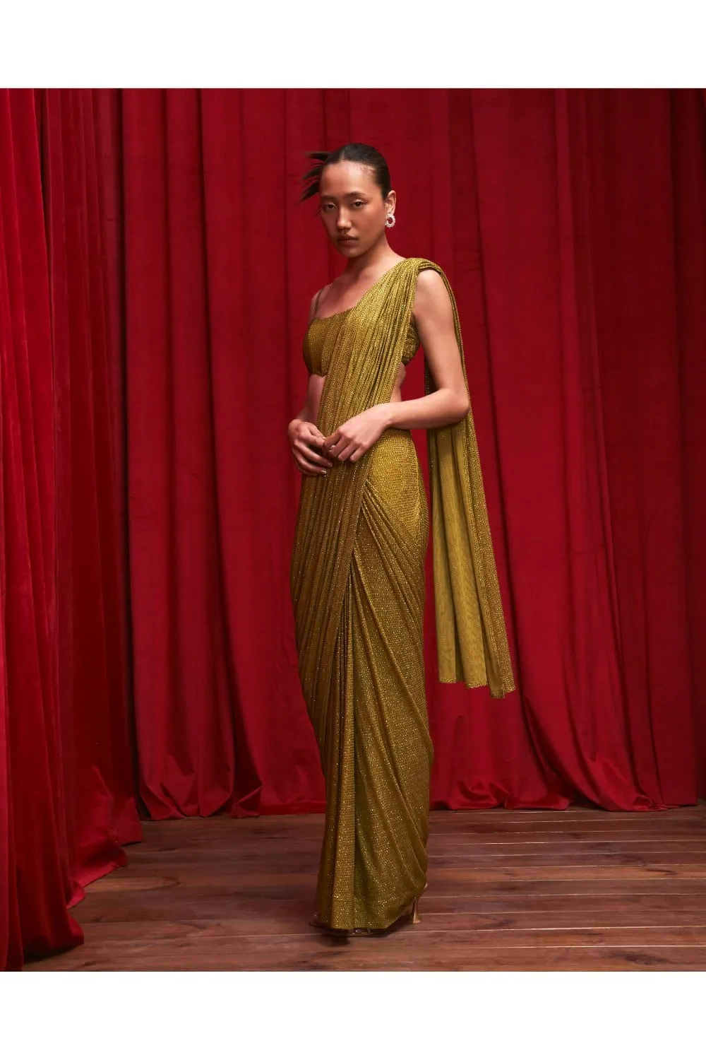 Olive Net Crystal Embellished Ombre Pre-Stitched Saree Set
