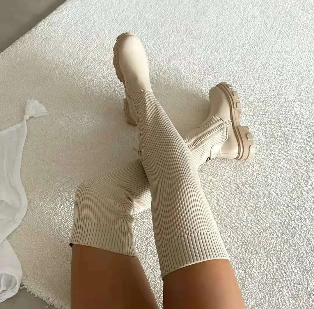 Over-Knee Black Boots Side Zipper Fashion Platform Sock Shoes