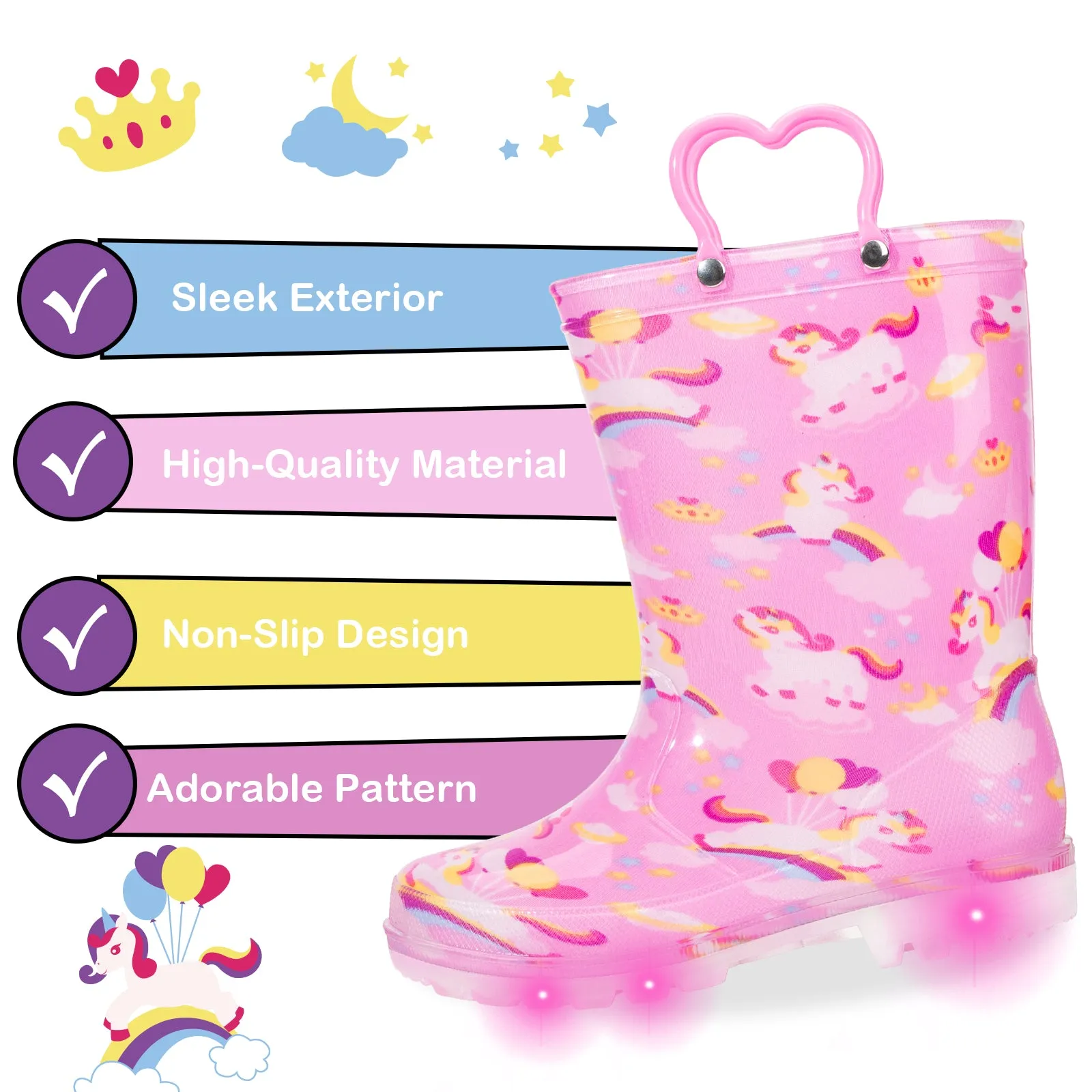 Pink Cloud Unicorn Light Up Kids Rain Boots
