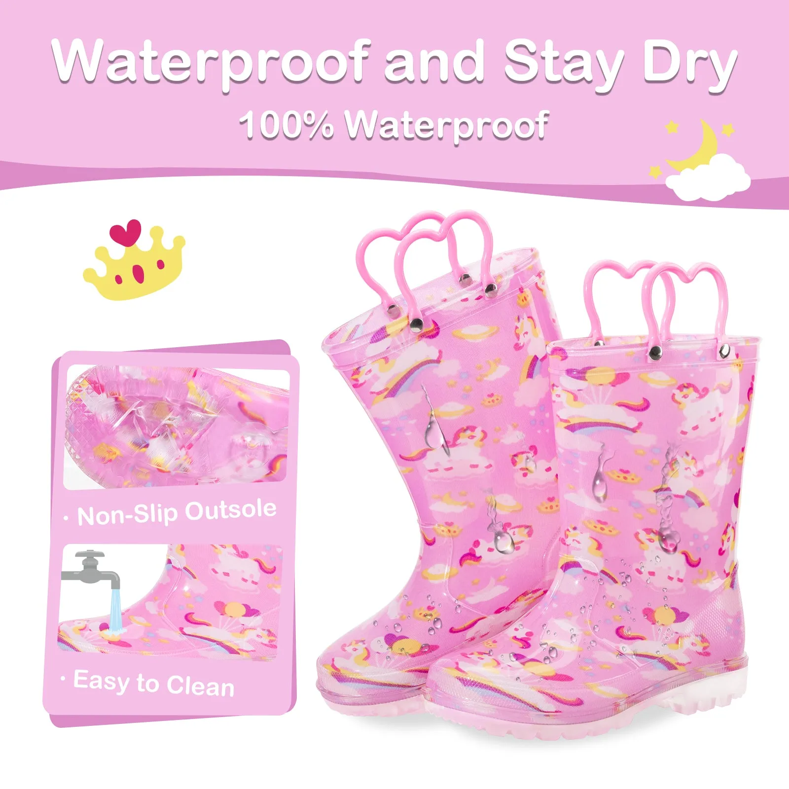 Pink Cloud Unicorn Light Up Kids Rain Boots