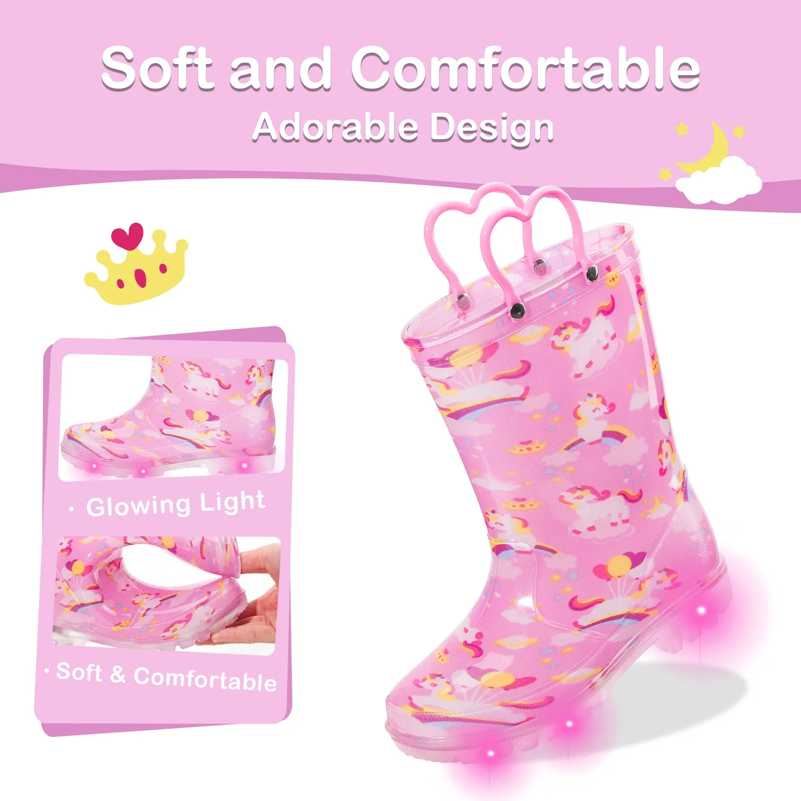 Pink Cloud Unicorn Light Up Kids Rain Boots