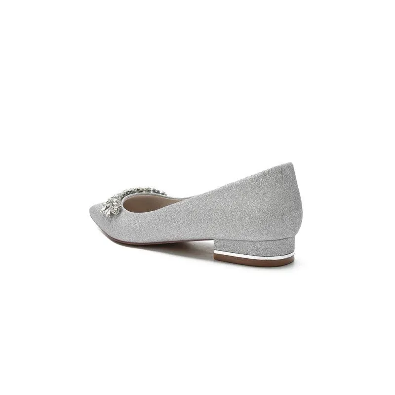 Pointed Toe Glitter Low Heels With Rhinestone