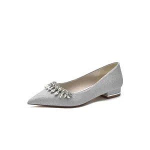 Pointed Toe Glitter Low Heels With Rhinestone