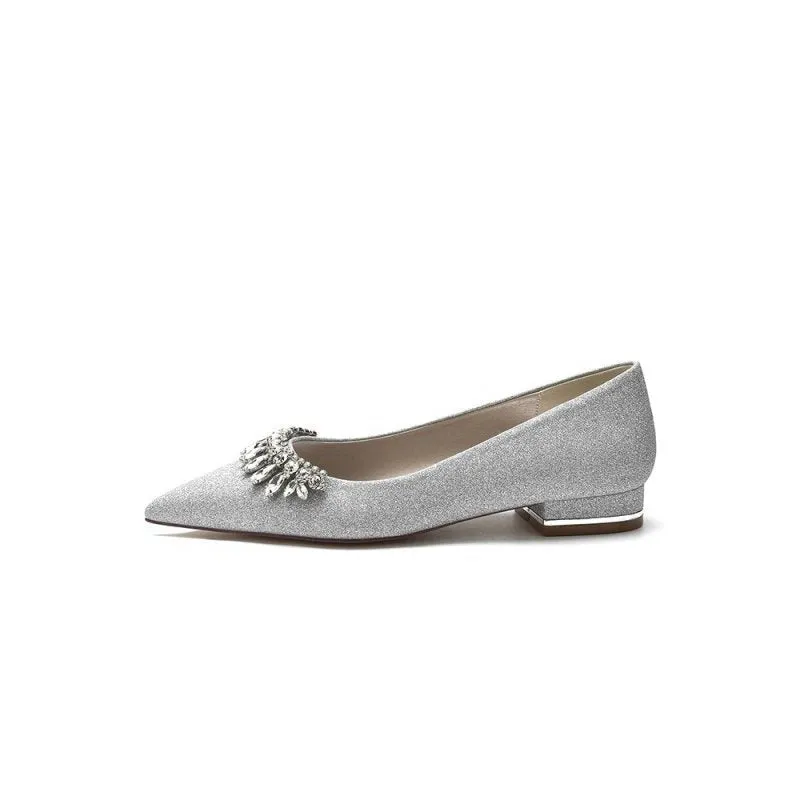 Pointed Toe Glitter Low Heels With Rhinestone