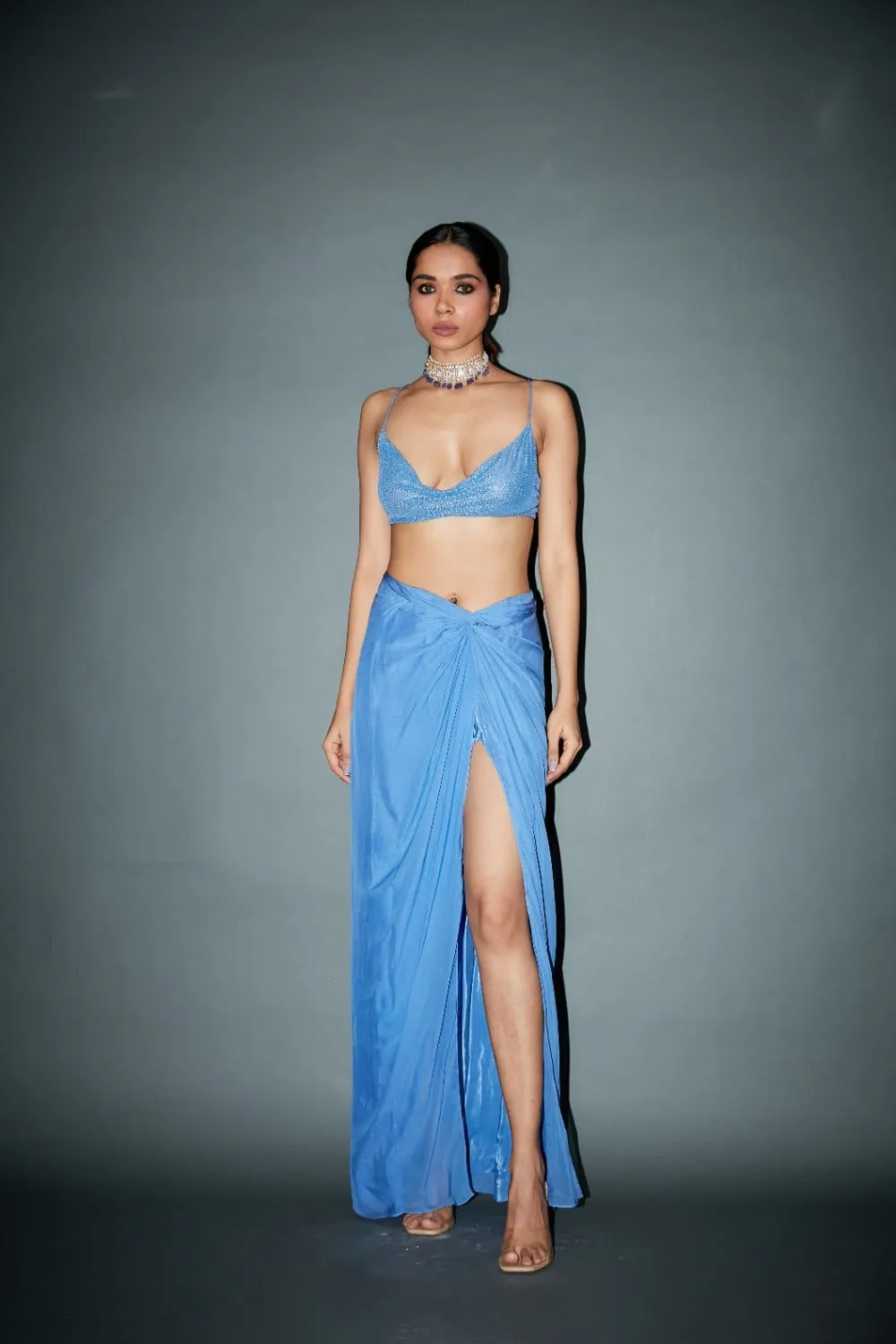 Powder Blue Chiffon Knotted Skirt Set