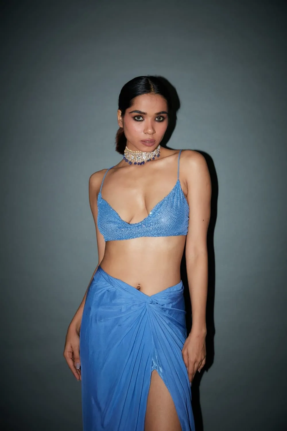 Powder Blue Chiffon Knotted Skirt Set