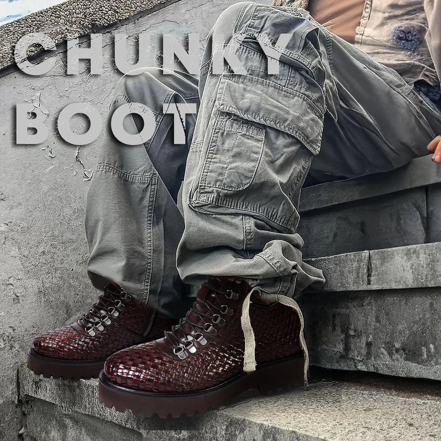 Premium Weaved Pattern Leather Lightweight Chunky Boots