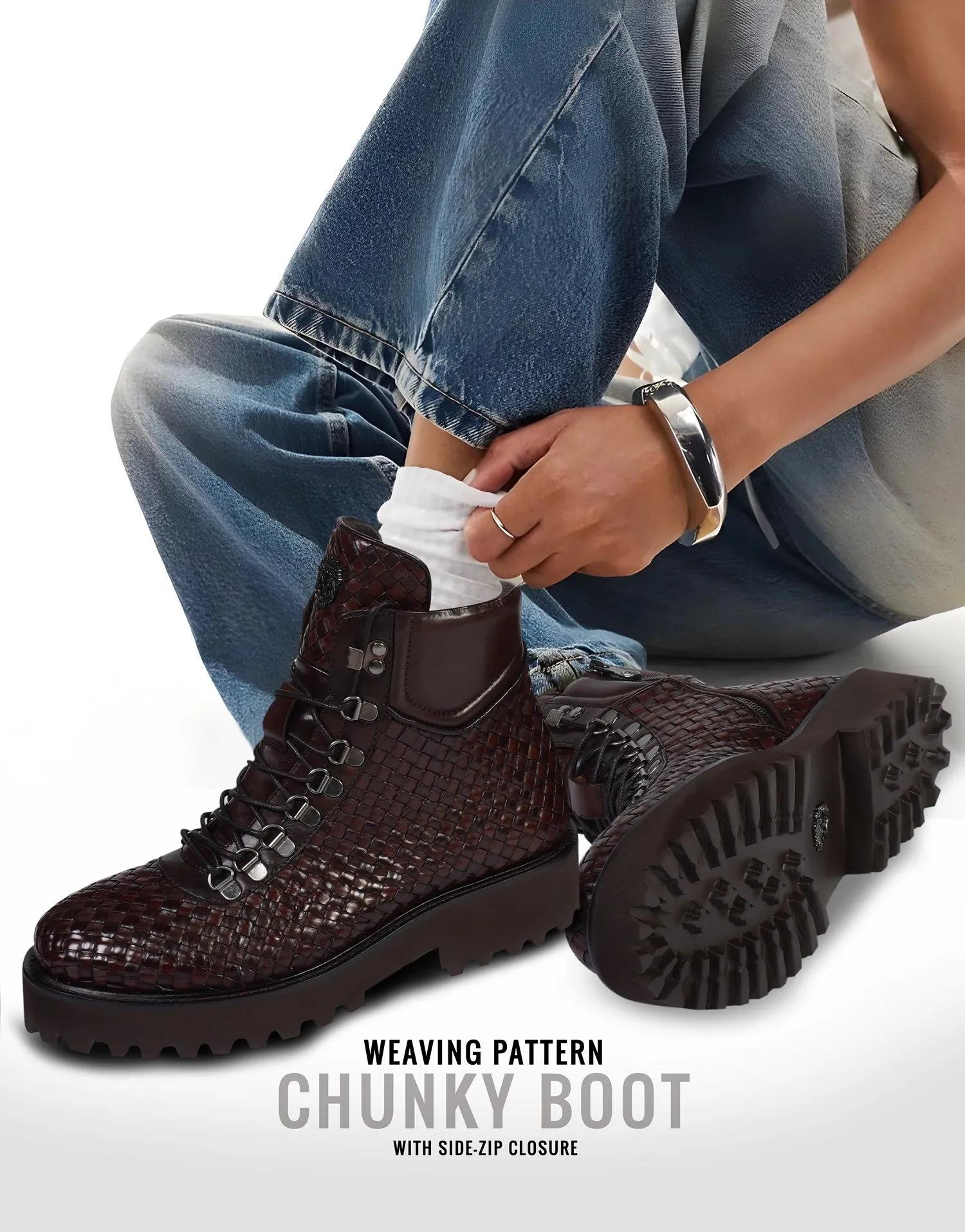 Premium Weaved Pattern Leather Lightweight Chunky Boots