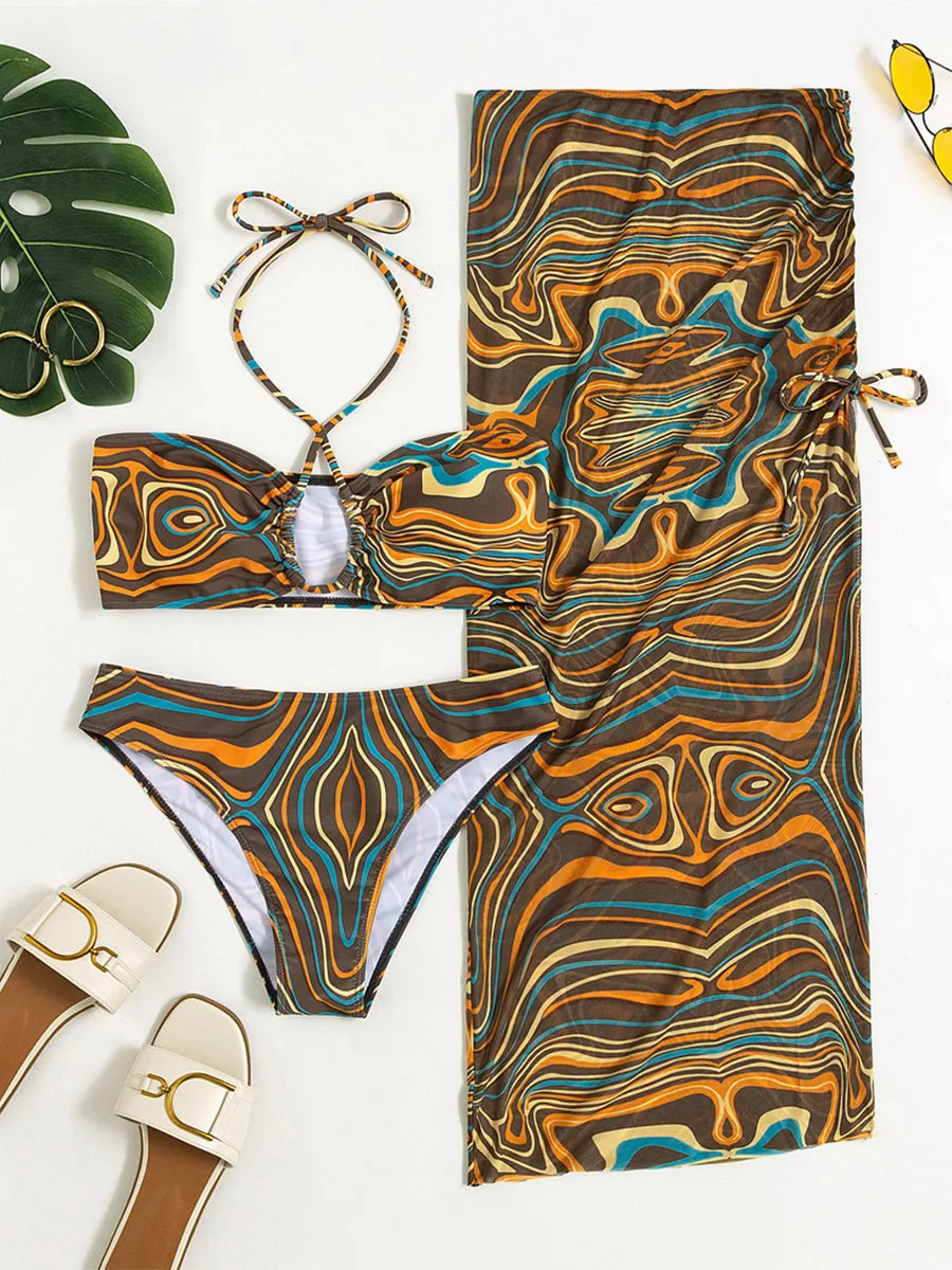 Print Bikini 2022 Mesh 3 pieces set Sexy Swimsuit Women