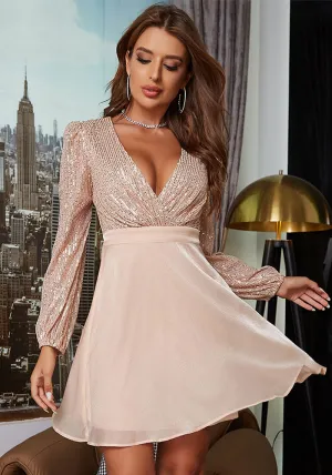 Radiant Deep V-Neck Sequin and Mesh A-Line Party Dress