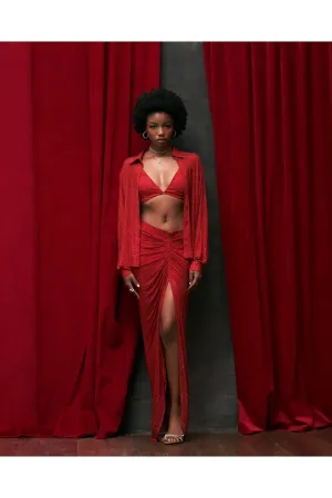 Red Net Crystal Embellished Co-Ord Set