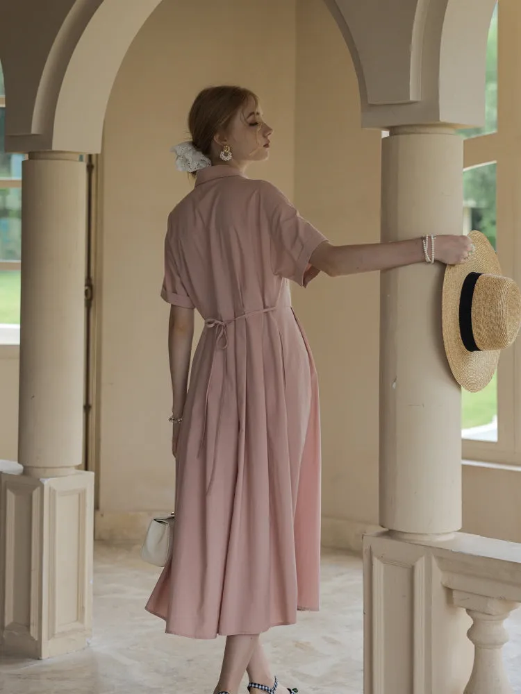 Retro Midi Strappy Waist Pink Dress